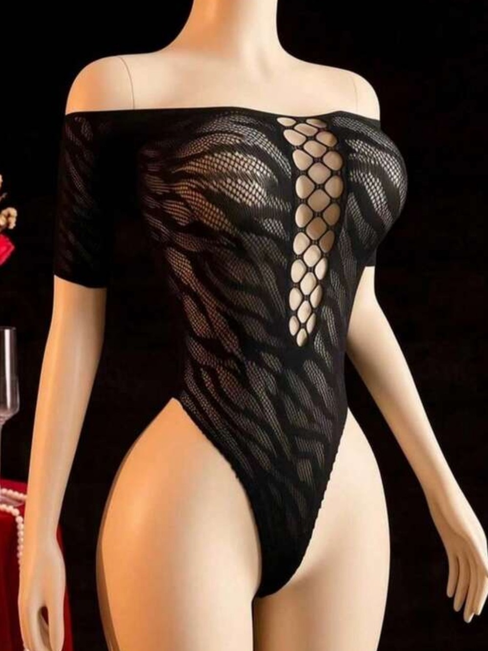 Off-Shoulder Black Lace Bodysuit with Front Lattice Detail - New